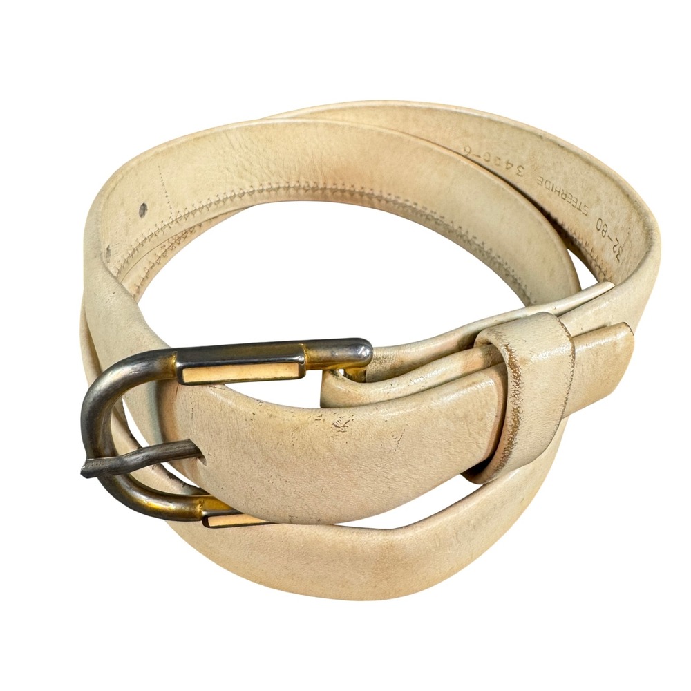 Vintage Steerhide Leather Belt Cream Tan Cross Stitch Gold Buckle 32-80 3400-6